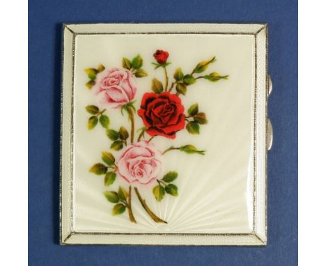 A silver and enamel compact decorated roses, Birmingham 1956