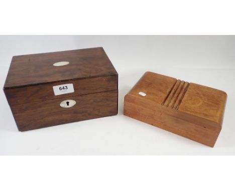 A Victorian rosewood work box with mother of pearl inlay and an Art Deco cigarette box 