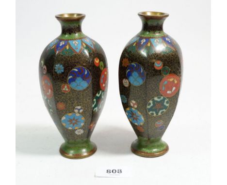 A pair of oriental cloisonne enamel vases, 14.5cm tall