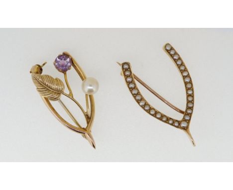 A 9 carat gold wishbone brooch set amethyst and pearl and another gold and seed pearl wishbone brooch, unmarked, 5.7g