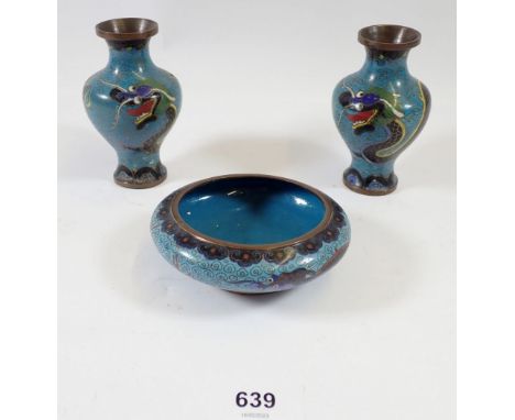Two minature cloisonne enamel vases, 10cm and a bowl decorated dragon
