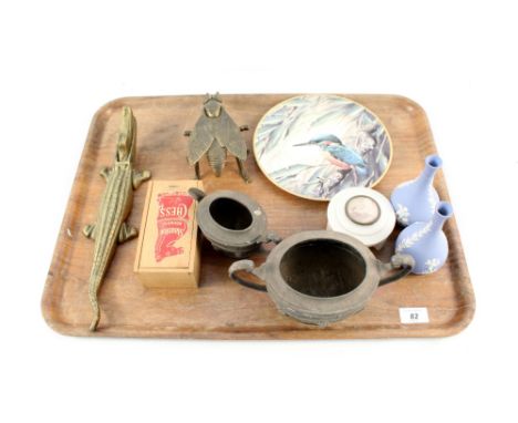A brass crocodile nut cracker plus other items including Wedgwood vases