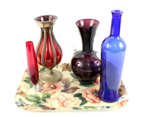 A brass clad ruby glass vase plus other glassware