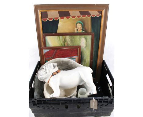A large pottery bulldog, pictures, clock, didgeridoo etc plus a small silver clad scent bottle
