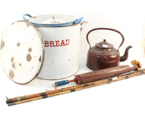 Enamel bread and flour bins etc plus fishing rod and parasol