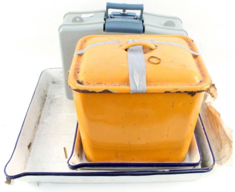 A fire and water safe, enamel trays, bread bin plus a fireguard