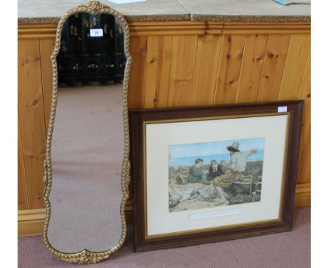 A shaped gilt mirror, Millais print plus a floral chamber pot