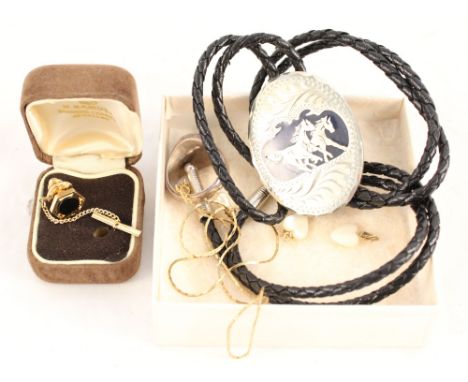 A silver and enamel ring, white metal horse choker etc