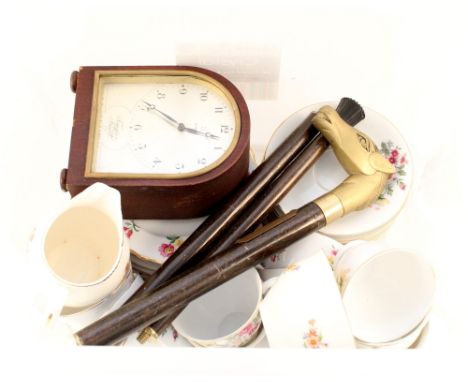 A rose decorated part tea set, 8 day clock plus a horse head walking cane