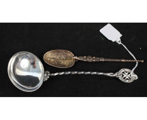 An antique Maltese silver ladle and a hallmarked silver gilt anointing spoon