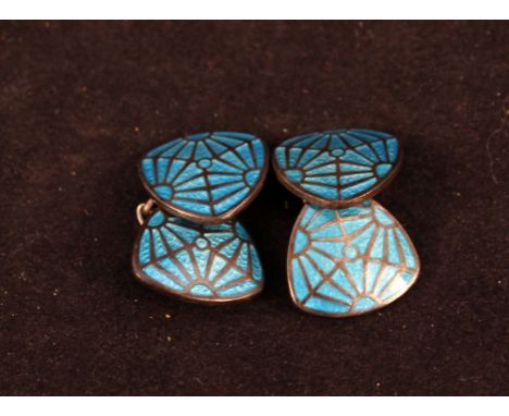 A pair of silver Charles Horner cufflinks with geometric blue enamel design