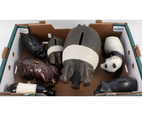 Various pig ornaments plus money boxes including Sylvac and Melba ware