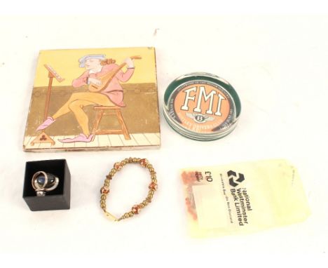 A Copeland Fresco tile, costume jewellery and Bentley glass paperweight