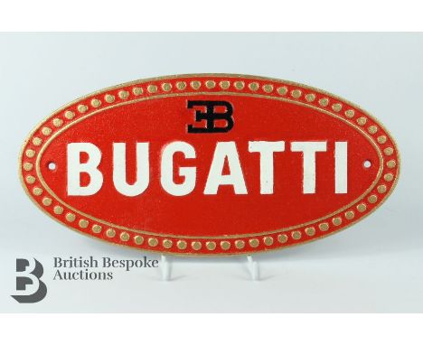 Cast metal oval name plate for Bugatti, approx 37 x 17 cms.&nbsp;