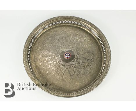 Silver plated circular serving tray, bearing the British Racing Motors enamel emblem, approx 33 cms in diameter, believed to 