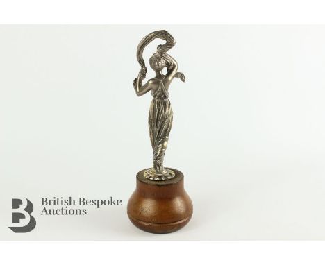 Large and impressive motor car radiator, modelled as a feminine temptress, holding a scarf above her head, original nickel-pl