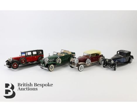 Four Franklin Mint 1:24 die cast models, includes 1932 Cadillac V-16, 1930 Duesenberg U Derham Tourster, 1935 Mercedes Benz 7