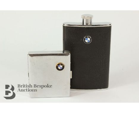 BMW Driver's black leather covered motoring drinks flask, with a 8 fluid ounce capacity together with a really attractive BMW