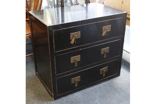 Japanese Black Lacquer Chest Of 3 Drawers Brass Tag Handles