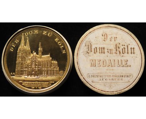German Commemorative Medallion, gilt bronze d.50.5mm: Koln Cathedral 1880 by Drentwett, proof-like EF with original capsule b