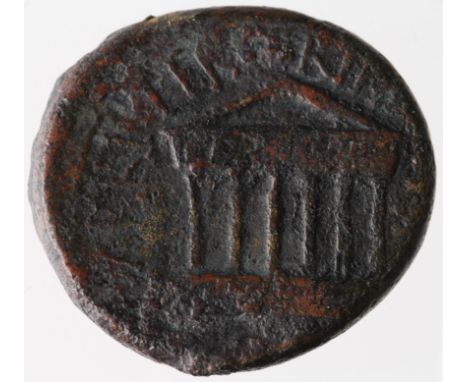 Tiberius, colonial bronze of c.20mm. of Corinth, Sear 262, Laureate head, left / Hexastyle temple, reverse slightly off centr