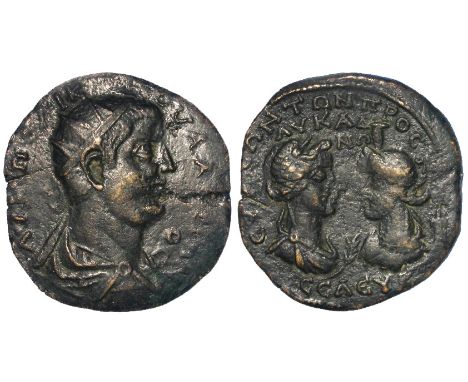 Roman Colonial bronze of c.33mm., of Valerian, struck Seleuceia ad Calycadnum, Radiate and draped bust, right / Bust of Apoll