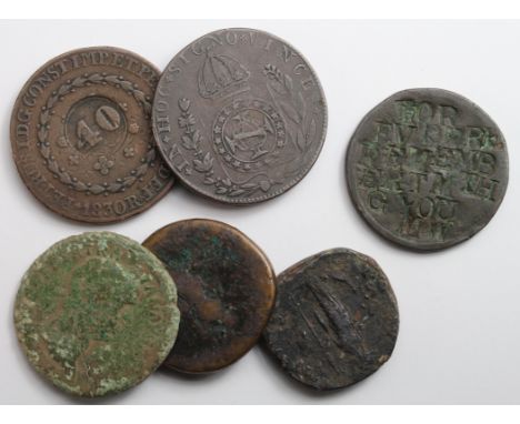 Copper & Bronze Coins (6) 3x Roman sestertii low grade, 2x Portuguese/Brazil large copper coins 1830 F-GF, and the most inter