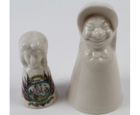 Suffragette related china comprises a hand bell (no clapper) and a candle snuffer. One large item and one small item. Neither