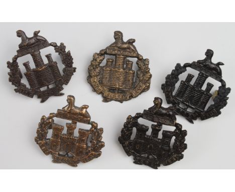 Essex Regt.,  5 x Officer's   bronze Hat badges, 4 have crimped fold over lugs and 1 has 2 lugs, various castles.  