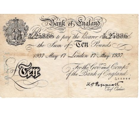 Nazi German Operation Bernhard Forgery Bank of England £10, 17 May 1937 London, counter-stamped 'FALSZYWY', GF, a thin patch.