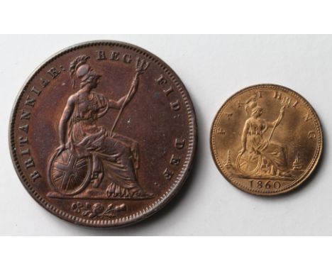 Victorian Copper/Bronze (2): Penny 1841 OT lightly cleaned GVF, and Farthing 1860 beaded border lustrous AU