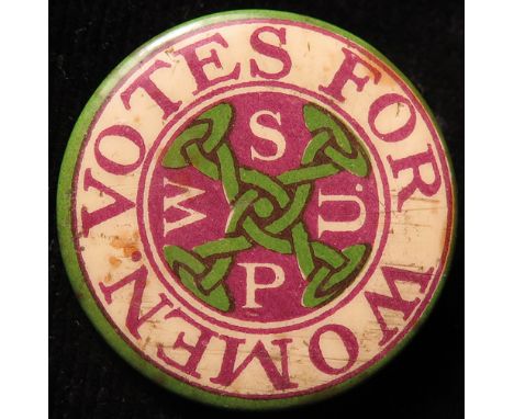Suffragette tin badge (W.S.P.U - (Womens Social & Political Union) "Votes for Women" .   Has a stained and damaged paper in t