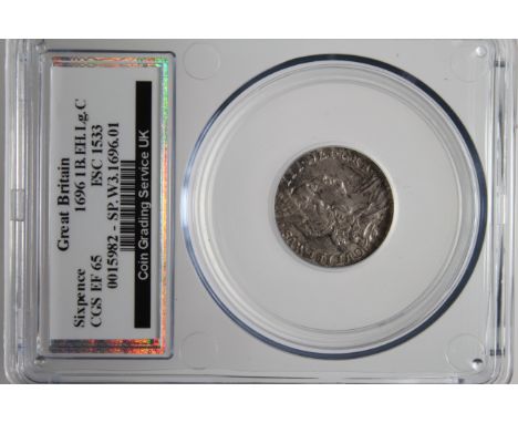 Sixpence 1696 First Bust, Early Harp, Large Crowns, ESC 1533 EF or better and nicely toned, slabbed and graded LCGS 65