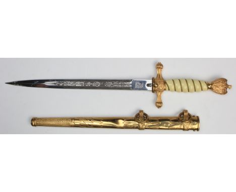 German WW2 Naval Dress Dagger with scabbard, blade maker marked 'Original Eickhorn Solingen'.   VGC