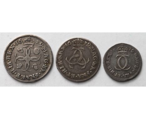 Maundy Set (partial) 1679 : 2d toned VF light scratch obv, 3d G close to R in GRATIA and I/E in HIB Fine, and 4d Fine.