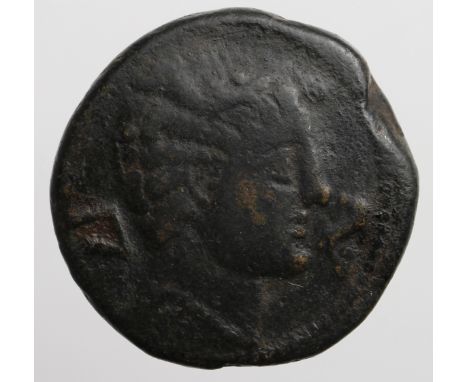 Roman colonial Spanish bronze of c.28mm., Celtic styled head right / Warrior on horseback galloping right, levelling a lance,