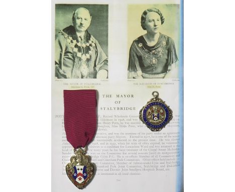 Stalybridge Ex-Mayoress Medal, silver hallmarked and gilt, with enamel, engraved 'Borough of Stalybridge. Hilda Potts Mayores