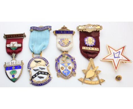 Masonic Medals - 4 silver (2 Stewards , Past-Master & Founder)  + badge + small gold tie pin  