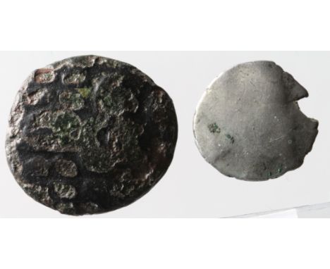 Celtic bronze stater of the Durotriges, uninscribed type Spink 371, with an old ticket, F, with a silver fractional unit of t