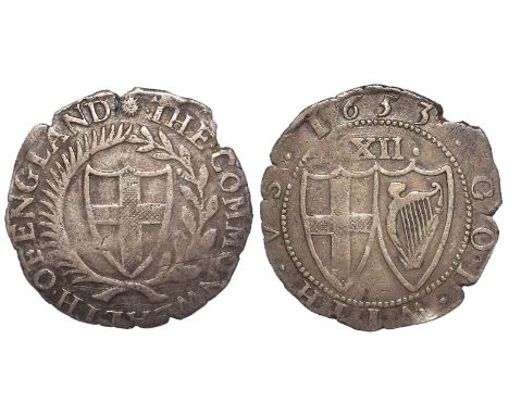 Commonwealth shilling 1653, Spink 3217, with two old tickets, slightly ragged flan but probably as struck and a nice even str
