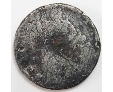 Halfpenny, William and Mary tin with copper plug, not clear but date probably in exergue and on edge, Spink p.368, obverse li