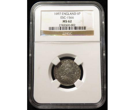 Sixpence 1697, late harp, large crowns, S.3538, slabbed NGC MS 62