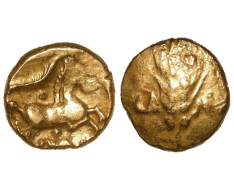 Celtic gold stater of the Trinovantes and Catuvellauni of Cunobelin of c.35 A.D. of the Linear Type, obverse;- Corn ear divid