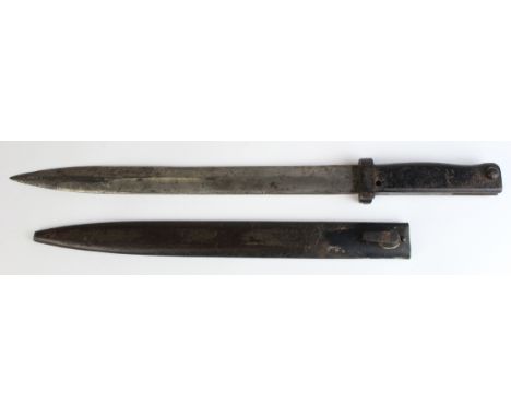 Bayonet: A German WW1 'ERSATZ' bayonet model 88/89. Fullered spear pointed blade 12.25". All steel construction. In good cond