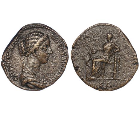 Crispina, wife of Commodus, sestertius, Rome Mint 180-182 A.D., reverse:- Salus seated left, feeding snake arising from altar