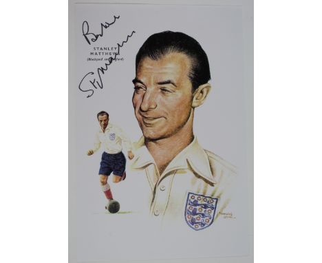 Stanley Matthew excellent print of Matthews in England shirt plus additional picture of him dribbling ball in colour.  12" x 