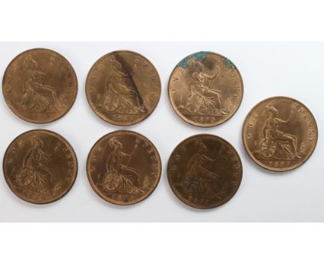 GB Pennies (7) Queen Victoria bun head bronze 1885 to 1891, a small hoard in high grade with lustre, some with spots of verdi