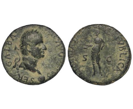 Galba bronze of c.28mm., probably from the Spanish Mint of Tarraco, obverse reads:- SER GALBA IMP AVGVSTVS, Laureate bust rig