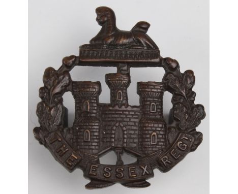 Essex Regt., Officer's   bronze Hat badge, 2 crimped fold over lugs, small dumpy castle and unusual Territorial blank bar on 