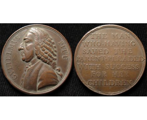 British Political Medallion, bronze d.41mm: William Pitt and the Repeal of the Stamp Act 1766, by T. Pingo. Eimer no. 713, nV